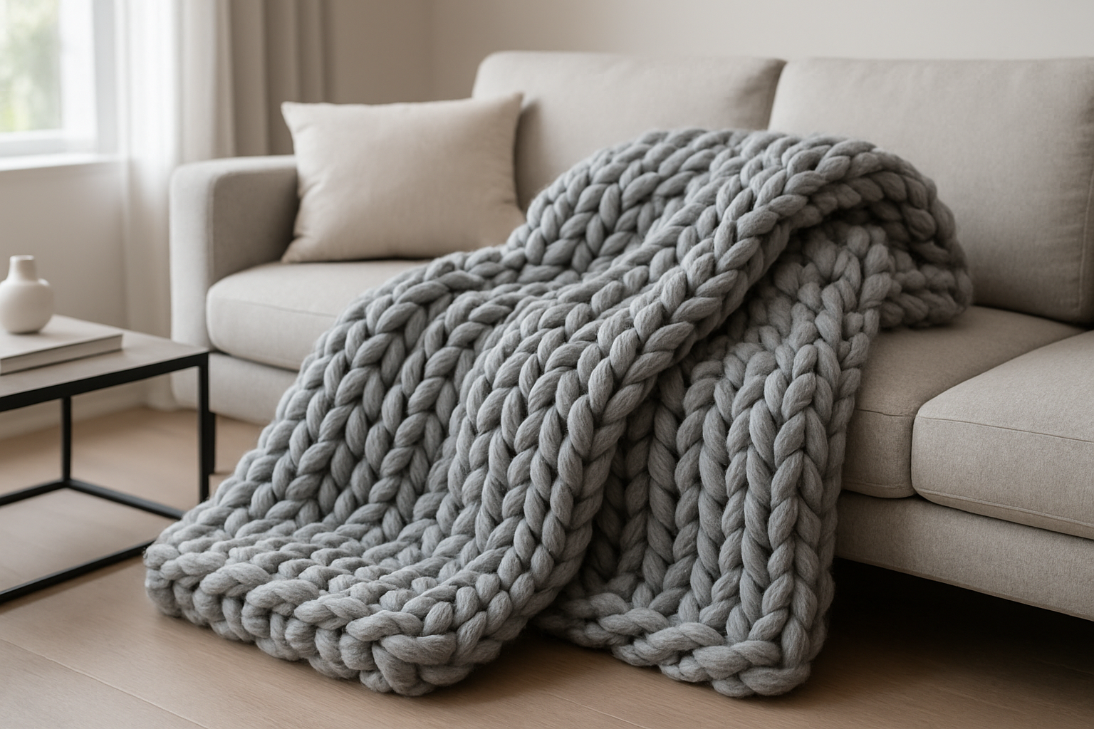 a high quality product photo of a handmade chucky blanket maybe a grey one neatly draped in a modern living space 