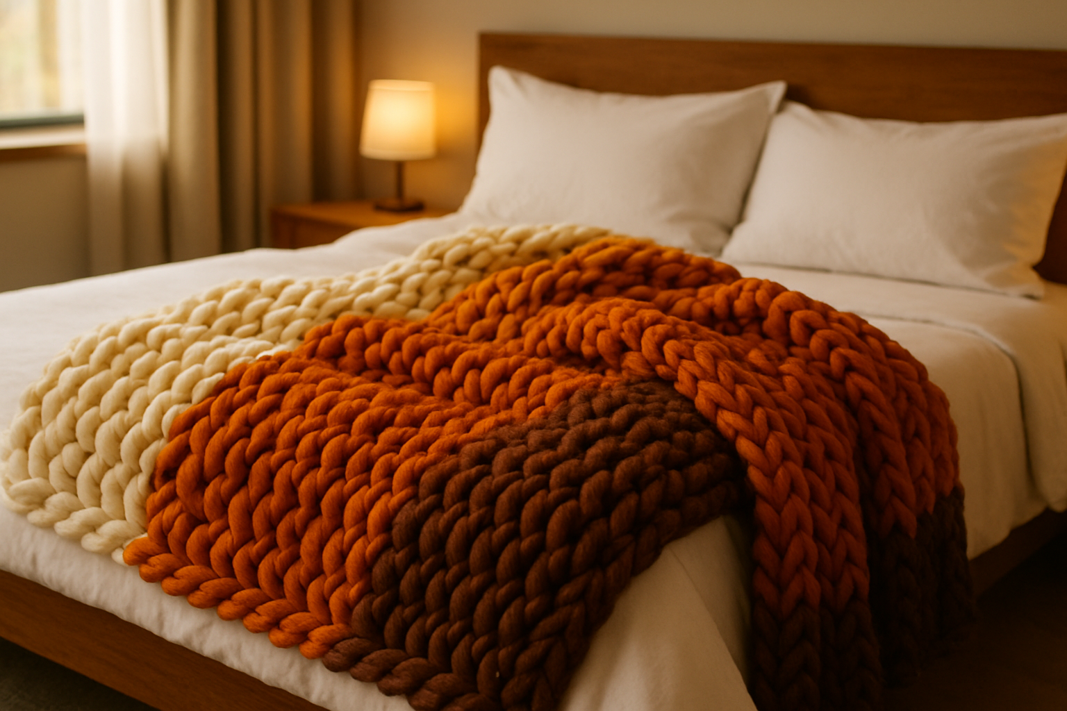  a realistic photo of a chunky knit blanket in white brown and orange on a bed make it modern in a warm and inviting setting for my online shop