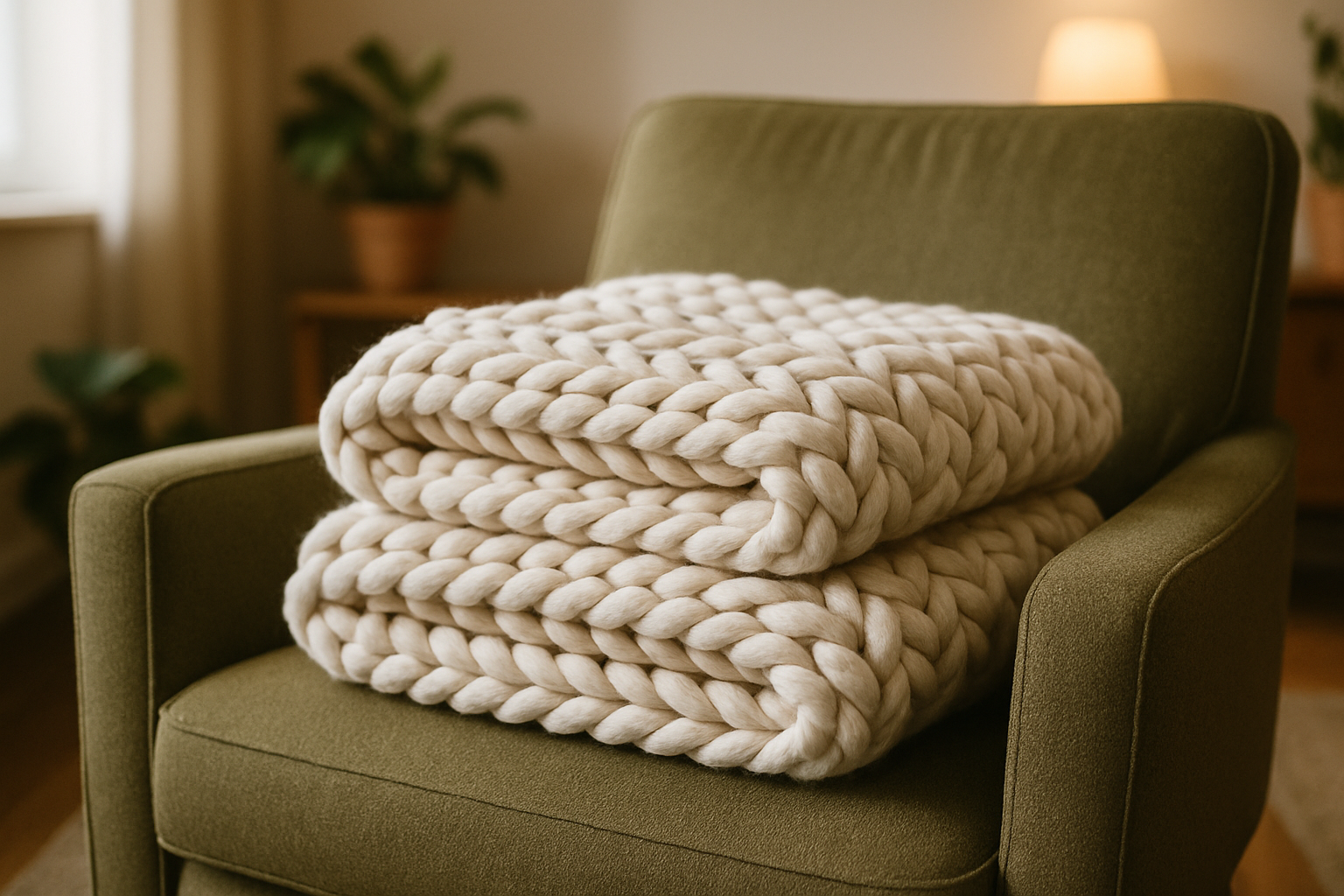 chunky knit blanket folded neatly on a arm chair green